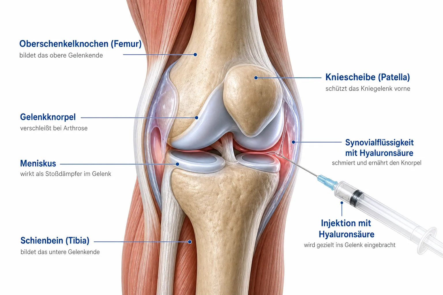 Anatomie des Kniegelenks mit Femur, Patella, Gelenkknorpel, Meniskus, Tibia und intraartikulärer Hyaluronsäure-Injektion