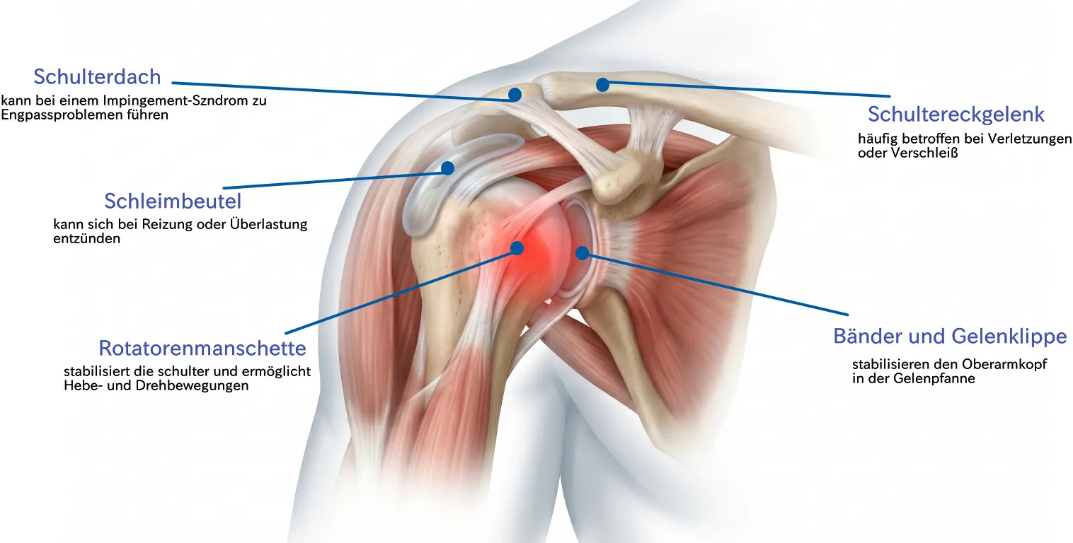 Anatomie der Schulter – Schulterdach, Rotatorenmanschette, Schleimbeutel, Schultereckgelenk, Bänder und Gelenklippe
