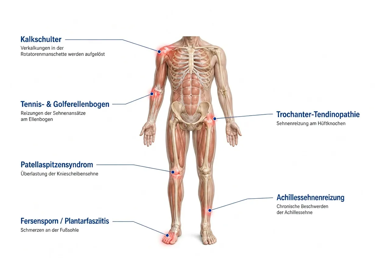 Anatomische Darstellung typischer Behandlungszonen der fokussierten Stoßwellentherapie – Kalkschulter, Tennis-/Golferellenbogen, Trochanter-Tendinopathie, Patellaspitzensyndrom, Achillessehnenreizung und Fersensporn